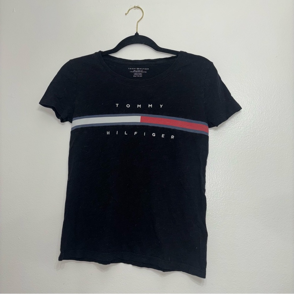 Tommy Hilfiger Black T-Shirt with Red and White Stripe